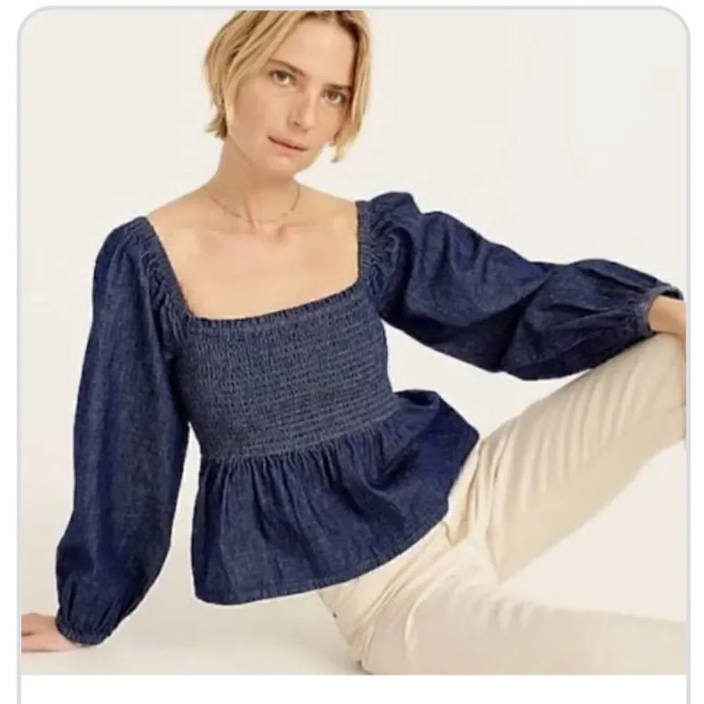 J Crew Puff Sleeve Chambray Smocked Top NWT